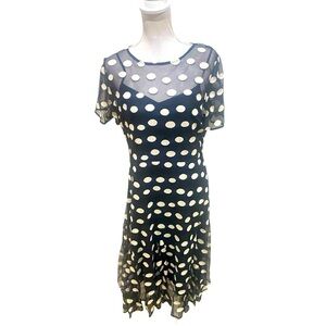 Nanette Lapore black/white polka dot sheer short sleeve midi lined dress size 12